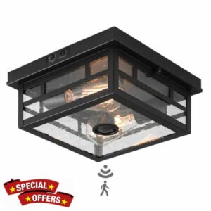 CALOKES Outdoor Flush Mount Motion Sensor Ceiling Light - Timeless Industrial Design with Seeded Clear Glass for Your Porch