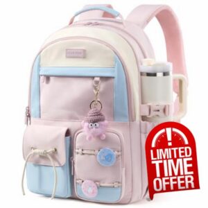LOVEVOOK School Backpack for Girls Ages 8-16，Cute Student Bookbag for Teen Girls Kids Back to School with Cup Holder