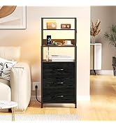 Furnulem Night Stand, Tall Nightstand with 4-Tier Shelves, 2 Fabric Drawers and Light Tube, Bed S...