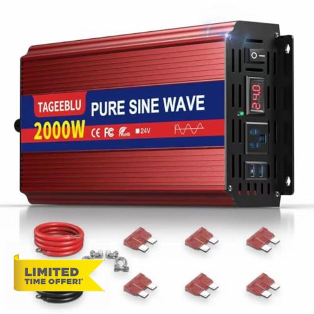 24V 2000W Pure Sine Wave Power Inverter 24V DC to 110V 120V AC for Vehicles | Inverter for Car with 2 AC Outlets and LCD Display