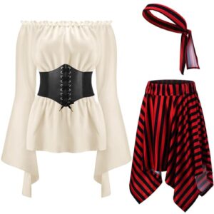 Shihanee Women Pirate Costume Outfits Renaissance Blouse Top Corset Pirate Skirt Medieval Accessories for Halloween Costume