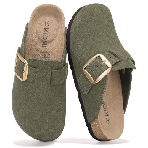 KIDMI Genuine Suede Clogs for Women Memory Foam Cork Footbed Potato Shoes Slip On Leather Mules with Big Buckle