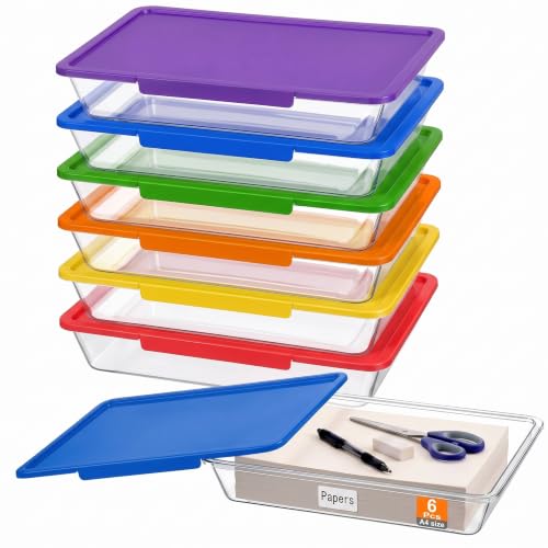 Colored Plastic Stackable Letter Size Flat Tray Container for Home Office Back to School Teacher Arts Crafts (Rainbow)