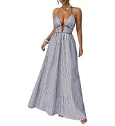 Women's Halter Maxi Dress Striped Backless Sexy Sleeveless Smocked Long Dresses Summer Boho Beach...