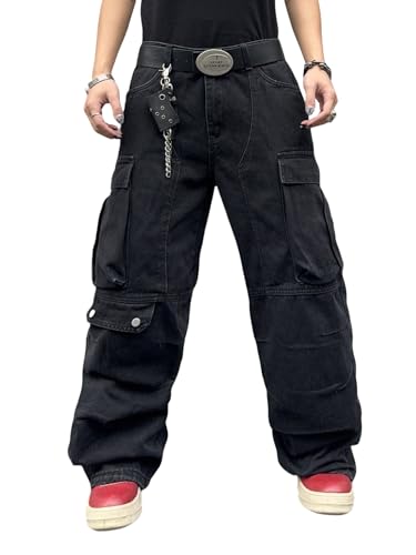 DFGIGT Mens Goth Baggy Cargo Jeans with Pockets Steampunk Patchwork Embroidery Wide Leg Denim Pants
