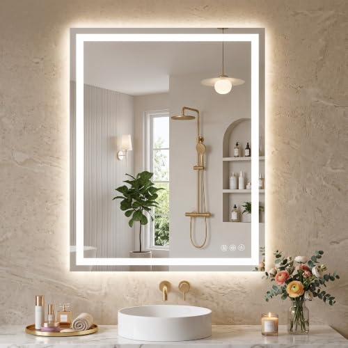 24"x32" with Frontlit and Backlit Anti-Fog Mirror with Lights LED Vanity Mirror for Bathroom 3 Colors Temperature & Dimmable Bathroom Mirror with HD Tempered Glass