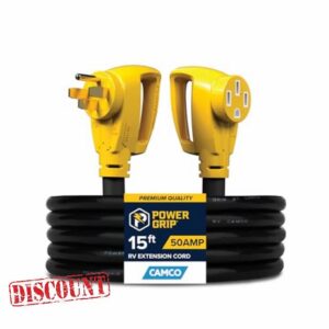 Camco Power Grip 15-Ft 50-Amp Camper/RV Extension Cord - Male to Female (NEMA 14-50P to 14-50R) - Rated for 125-250V/12500W - Features Heavy Duty Copper Wire & Weather Resistant PVC (55194)