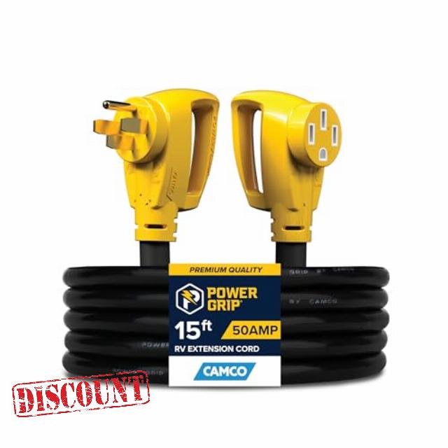 Camco Power Grip 15-Ft 50-Amp Camper/RV Extension Cord - Male to Female (NEMA 14-50P to 14-50R) - Rated for 125-250V/12500W - Features Heavy Duty Copper Wire & Weather Resistant PVC (55194)