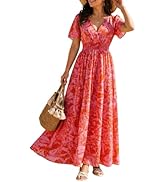Rianclud Linen Dresses for Women Summer Casual V Neck Short Sleeve Maxi Dress Flowy A Line Long V...