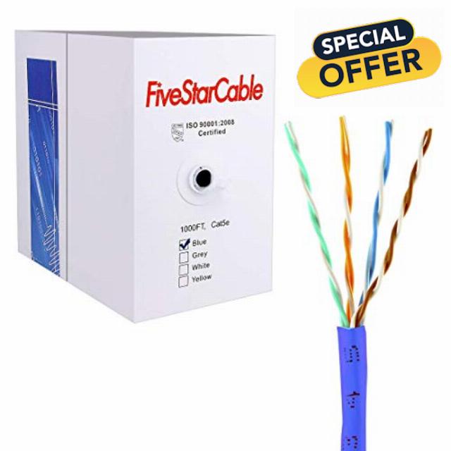 Cat5e 1000 Ft. Ethernet 24AWG 4 Twisted Pair UTP Internet Network Router LAN IP Camera System Bulk Cable Wire Pull Box - Blue Colo
