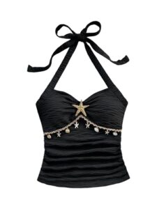 SOLY HUX Women's V Neck Halter Tops Open Back Y2k Ruched Floral Metal Summer Going Out Cami Tops