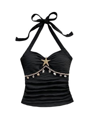SOLY HUX Women's V Neck Halter Tops Open Back Y2k Ruched Floral Metal Summer Going Out Cami Tops