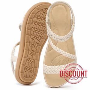 Aomigoct Womens Dressy Flat Sandals: Cushioned Insole & Non-Slip Sole for Daily Walking - Woven Upper & Elastic Ankle Strap for All-Day Comfort - Fashion Ladies