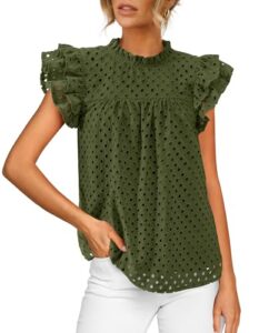 BTFBM Casual Summer Tops for Women 2026 Short Ruffle Sleeves Shirts Crew Neck Hollow Out Lace Embroidered Blouses