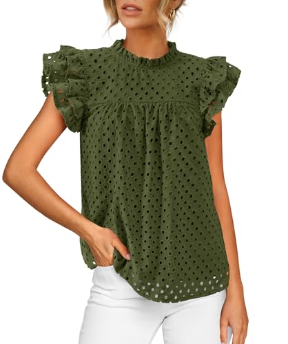 BTFBM Casual Summer Tops for Women 2026 Short Ruffle Sleeves Shirts Crew Neck Hollow Out Lace Embroidered Blouses