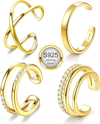 JeryWe 4 Pcs 925 Sterling Silver Ear Cuff for Women Non Piercing Adjustable Ear Cuff Earrings Clip On Cartilage Helix Wrap Ear Jewelry Se