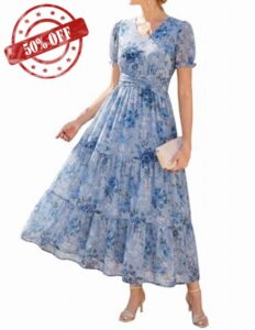 GRACE KARIN Women's 2026 Summer Wedding Guest Maxi Dresses Floral V Neck Short Sleeve Elegant Flowy Formal Dress with Pockets