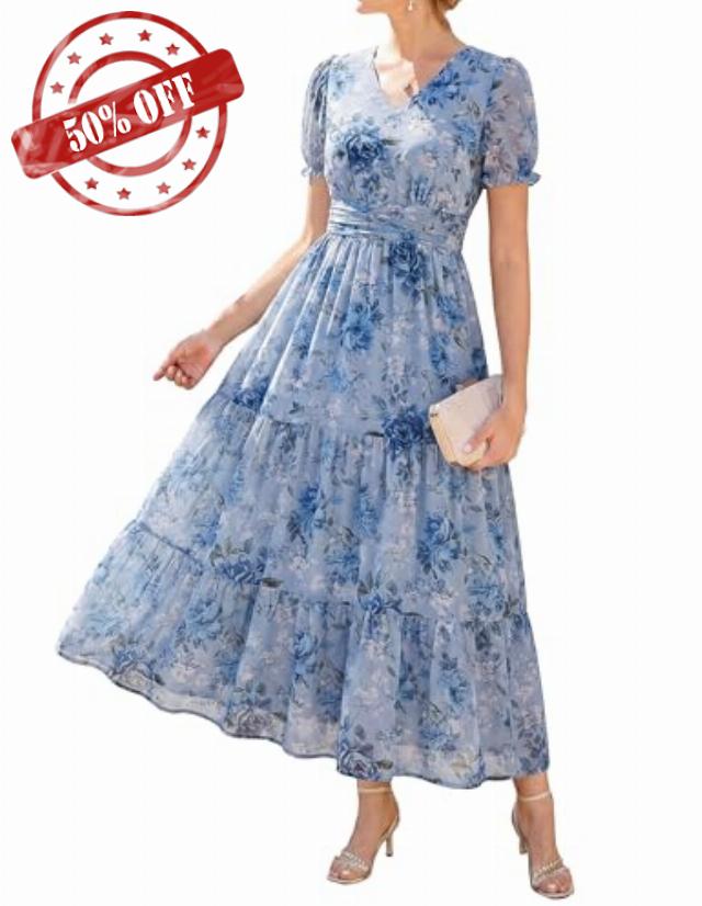 GRACE KARIN Women's 2026 Summer Wedding Guest Maxi Dresses Floral V Neck Short Sleeve Elegant Flowy Formal Dress with Pockets