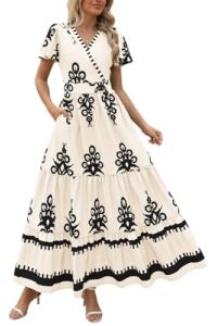 PRETTYGARDEN Womens 2026 Summer Casual V Neck Boho Maxi Dress Flowy Aline Bell Sleeve Tiered Floral Dresses with Pocke