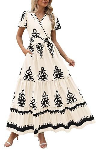 PRETTYGARDEN Womens 2026 Summer Casual V Neck Boho Maxi Dress Flowy Aline Bell Sleeve Tiered Floral Dresses with Pocke