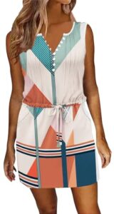 ETCYY Womens Summer Casual Dresses Sleeveless Beach Vacation Sundresses Drawstring Waist Short Striped Dress with Pockets