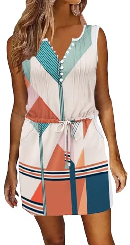ETCYY Womens Summer Casual Dresses Sleeveless Beach Vacation Sundresses Drawstring Waist Short Striped Dress with Pockets