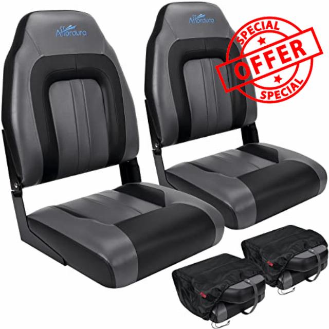 Affordura Boat Seat for Boats with 2 Storage Bags High Back Folding Boat Seat Boat Fold Down Seat (2 Packs) (Black&Charcoal)