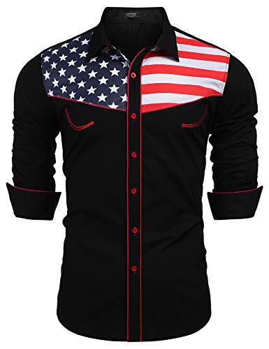 COOFANDY Men's American Flag Button Down Shirts Western Cowboy Shirt Slim Fit Patriotic Long Sleeve Shi