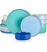 vancasso Bonita Dinnerware Set Blue Stoneware 24 Pieces Service for 6, Handpainted Spirals Patter...