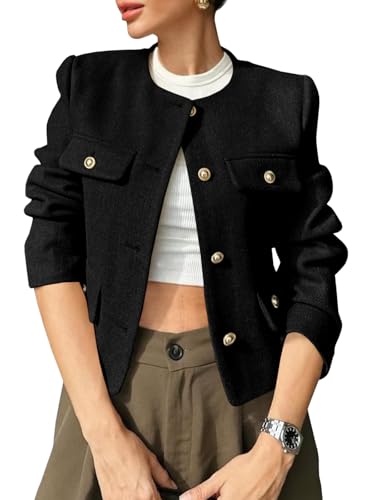 Cicy Bell Womens Cropped Tweed Blazers Jacket Collarless Button Down Business Casual Winter Coats 2026 Spring Outfits