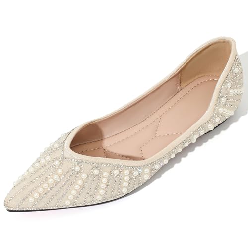 Flats Shoes Women Rhinestone Wedding Flats Comfort Pointed Toe Ballet Flat Shoe Low Heel Dress Shoes Sparkly Flats for Wome