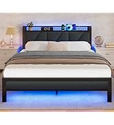 Furnulem Queen Bed Frame with Charging Station and LED Lights,Industrial Platform Beds Queen Size...