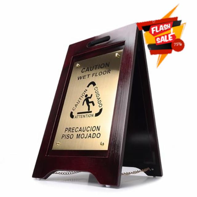 Premium Wooden Caution Wet Floor Sign – Bilingual w/Non-Skid Plastic Feet