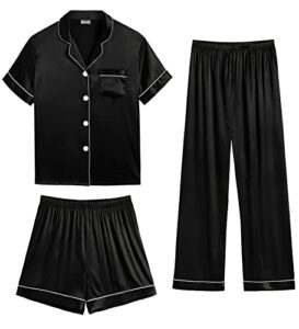SWOMOG Womens Silk Satin Pajama Sets 3Pcs Button Down Pj Set Short Sleeve Sleepwear Loungewear Pjs Nightwear XS-XXL