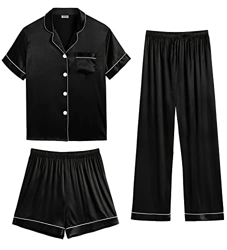 SWOMOG Womens Silk Satin Pajama Sets 3Pcs Button Down Pj Set Short Sleeve Sleepwear Loungewear Pjs Nightwear XS-XXL