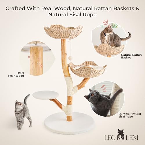 Solid Natural Wood Tower for Large Cats. Scratching Post with Wicker Basket Bed