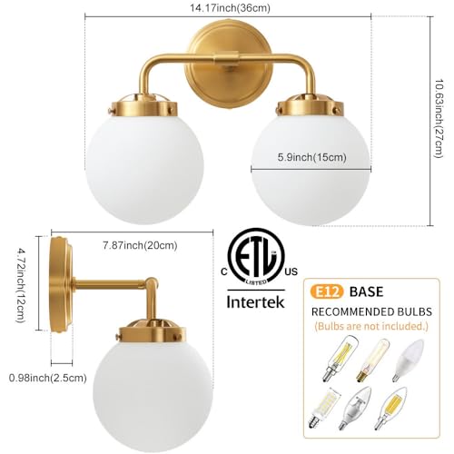 Modern Brass Gold 2 Lights Wall Sconce Lighting with Milky Glass Ball Shades