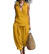 Rianclud 2 Piece Linen Set for Women Summer Sleeveless V Neck Tops Matching Wide Leg Pants Lounge...