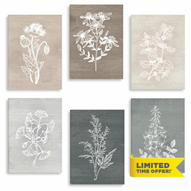 BINCUE Neutral Botanical Plant Canvas 6 Pieces Wall Art Rustic Wall Decor Farmhouse Wall Paintings Botanical Prints Simple Plants Wall Pictures Minimalist Flower Decor for Living Room Bedroom Bathroom Office Dining Room 12"x 16"
