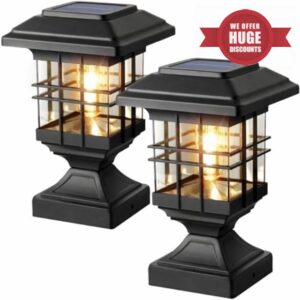 Solar Post Lights Outdoor Solar Cap Lights Deck Fence Cap for 4x4 5x5 6x6 Posts Patio Garden Courtyard Decoration Fixture Waterproof Warm White Lighting Black (2)