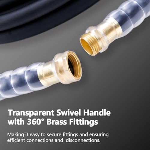 Hybrid Rubber Water Hose with Transparent Swivel Handle - Hot/Cold Water - Five Layered Braiding with Brass fittings (Black)