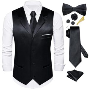 Dubulle Mens Satin Vest and Tie Solid Suit Waistcoat and Pre-tied Bowtie Set for Men Lapel Pin Wedding Party