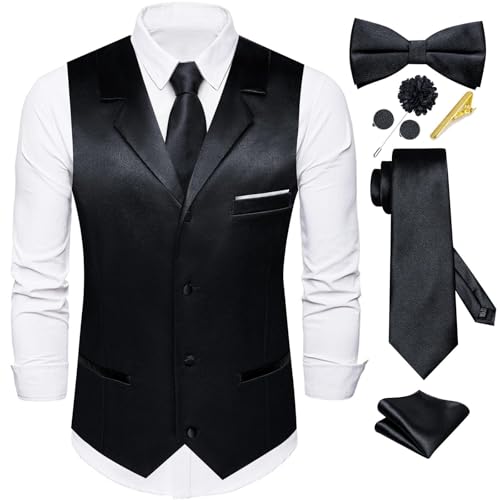 Dubulle Mens Satin Vest and Tie Solid Suit Waistcoat and Pre-tied Bowtie Set for Men Lapel Pin Wedding Party