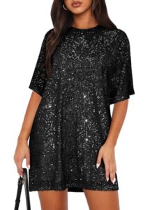 MIYIEONZ Women's Crew Neck Sequin Dress for Women Sexy V Neck Shirt Dress Sparkly Half Sleeve Loose Party Club Cocktail Dress