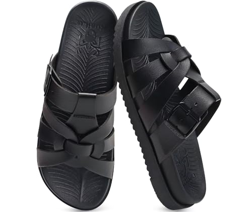 KuaiLu Gladiator Sandals for Women with Comfortable Arch Support Summer Beach Walking Fisherman Slides Boho Outfits Flats Slip on Cushion Shoes Indoor Outdoo