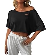 Avanova Women Off The Shoulder Crop Tops Distressed Ripped Batwing Short Sleeve Oversized Tee T-S...