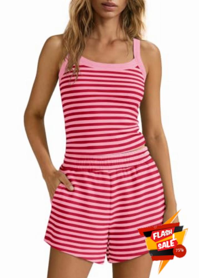 Yanekop Womens Striped Lounge Set 2 Piece Short Sets Summer Matching Pajamas Loungewear Tank Top and Shorts With Pockets