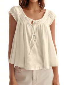 Tankaneo Women Summer Tie Front Tank Tops Cap Sleeve Pleated Babydoll Tops Casual Loose Fit Going Out Flowy Shi