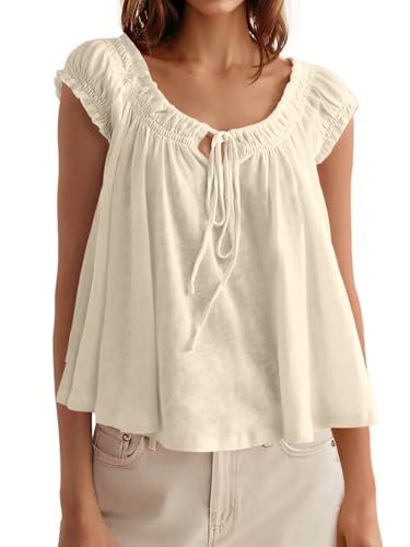 Tankaneo Women Summer Tie Front Tank Tops Cap Sleeve Pleated Babydoll Tops Casual Loose Fit Going Out Flowy Shi