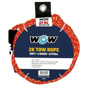 Wow Sports 2K Tow Rope for Towable Tubes - 60 ft - 16-Strand Braided Polypropylene - Floating Foam Buoy - 1-2 Riders
